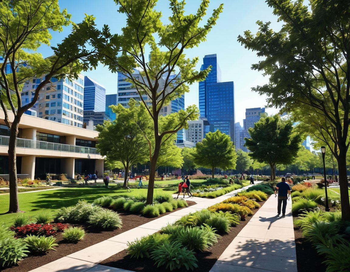 An intricate urban landscape featuring diverse tree species, showcasing various tree care techniques such as pruning, watering, and mulching. A vibrant skyline in the background with modern buildings, and a serene park setting with people enjoying the greenery. Include elements like gardening tools, soil, and educational signs about tree care. The scene should feel lively and informative. super-realistic. vibrant colors.