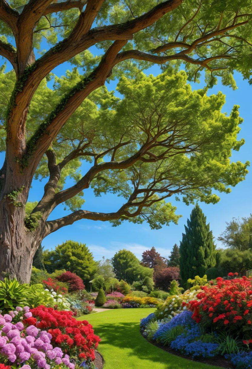 A lush, green landscape featuring a variety of healthy trees under a bright blue sky. Showcase an expert arborist inspecting a tree with pruning shears, surrounded by colorful flowers and sustainable garden elements. Include informative signs about tree care tips subtly integrated into the scene. Focus on vibrant colors and a sense of tranquility to inspire readers about tree management. super-realistic. vibrant colors. 3D.