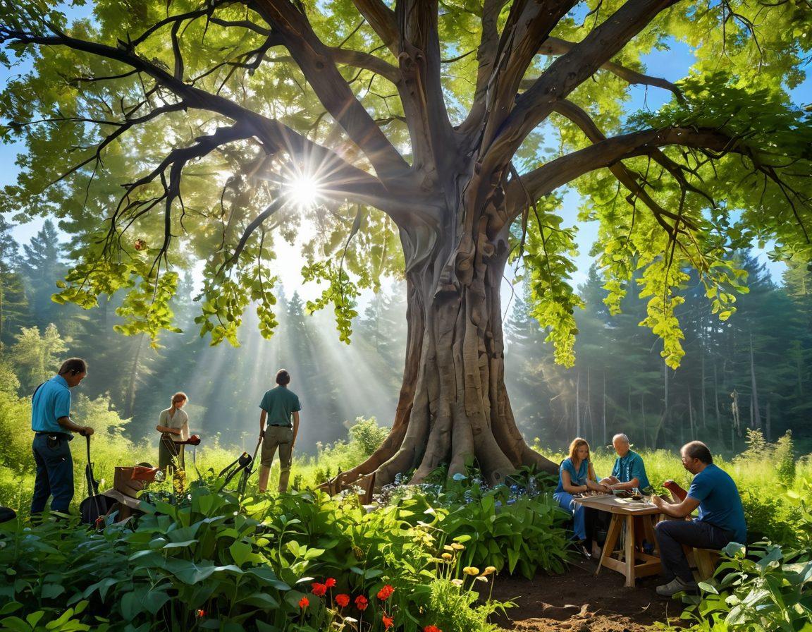 A lush, vibrant forest scene featuring diverse tree species showcasing varying stages of life, such as seedlings, mature trees, and ancient giants. In the foreground, an engaged expert examining a tree with tools in hand, while a diverse group of people attentively learn from them, highlighting sustainable practices. Bright sunlight filters through the leaves, creating a warm, inviting atmosphere. The background is filled with colorful wildflowers and a clear blue sky. super-realistic. vibrant colors. nature theme.